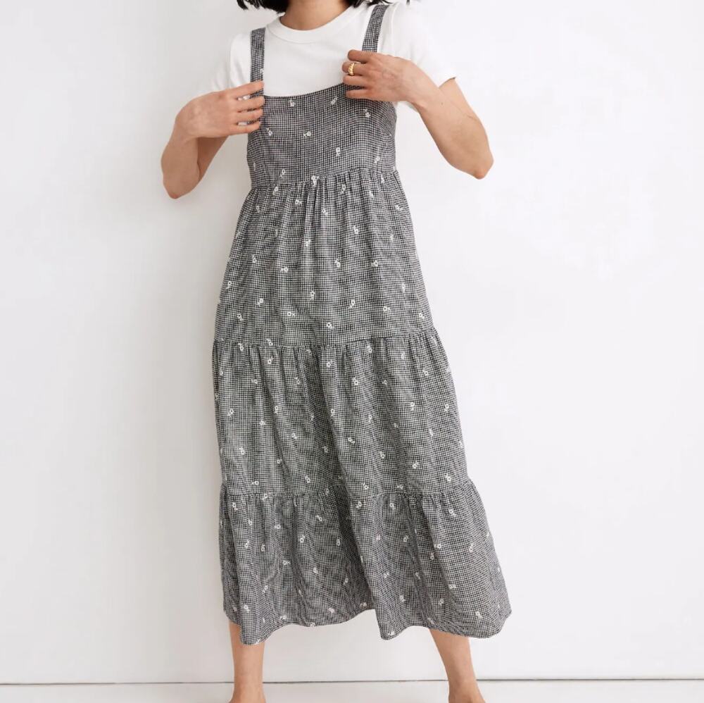 Madewell Embroidered Tiered Midi Dress in Gingham Check